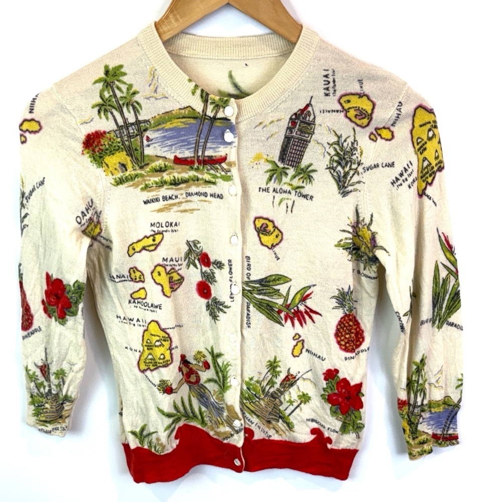 JCRew merino wool Hawaiian Print Cardigan with Red Accents size XS